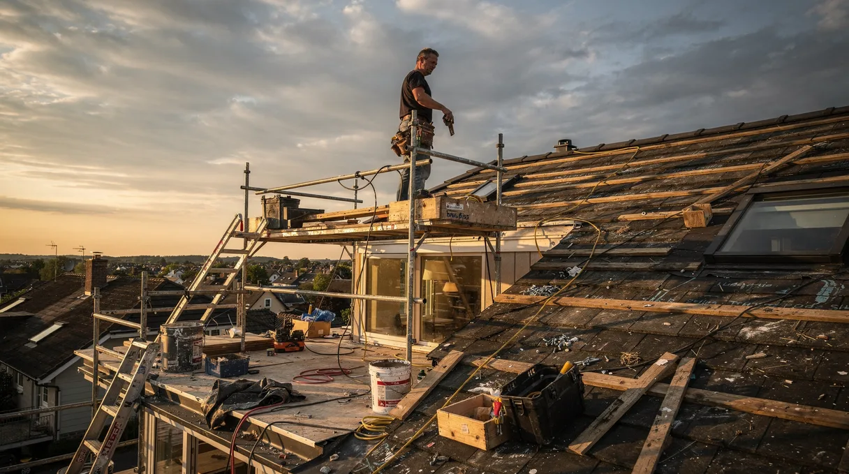 A builder on the scaffold of a loft conversion at golden hour, high above the rooftops.