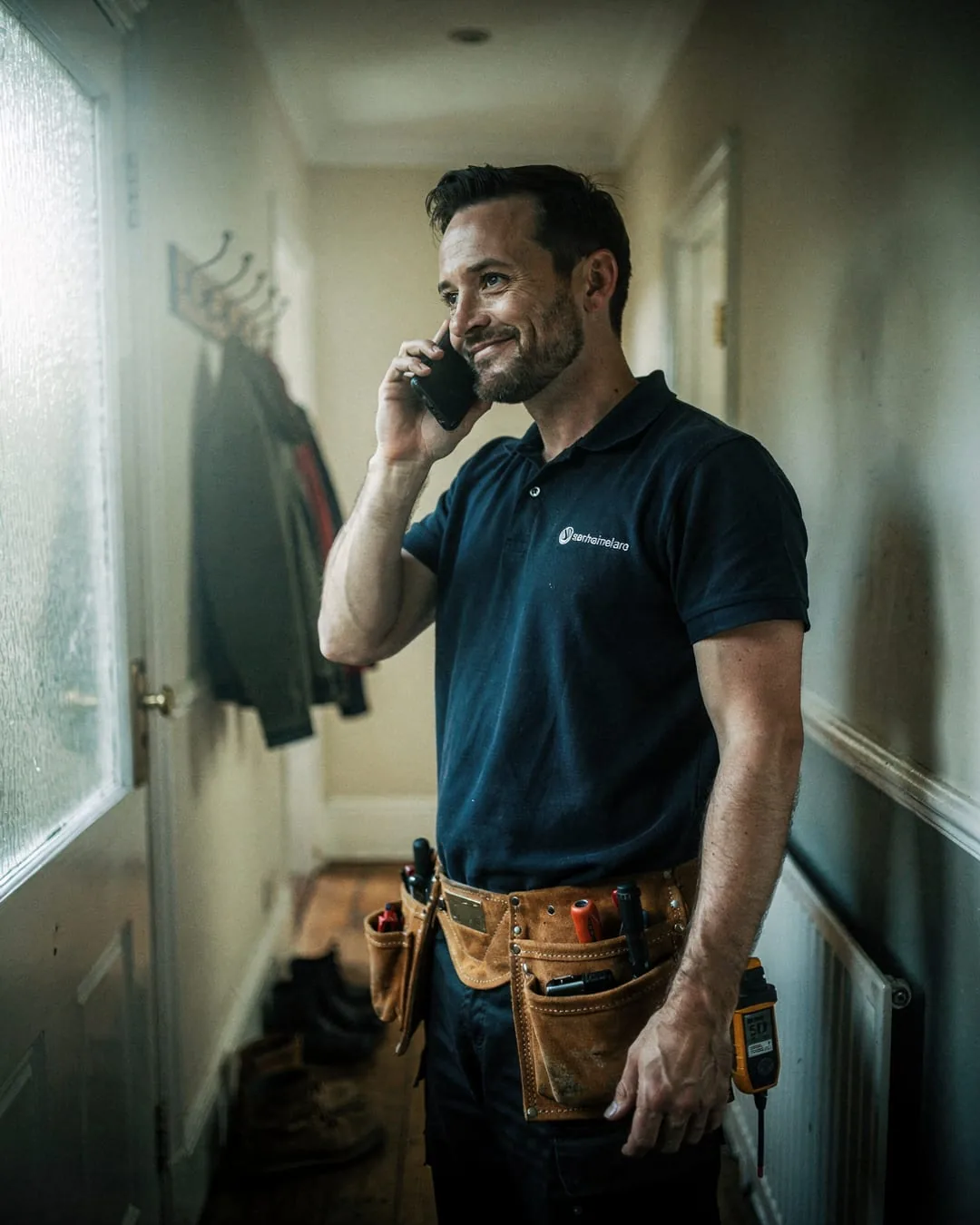 A UK electrician in a customer's hallway