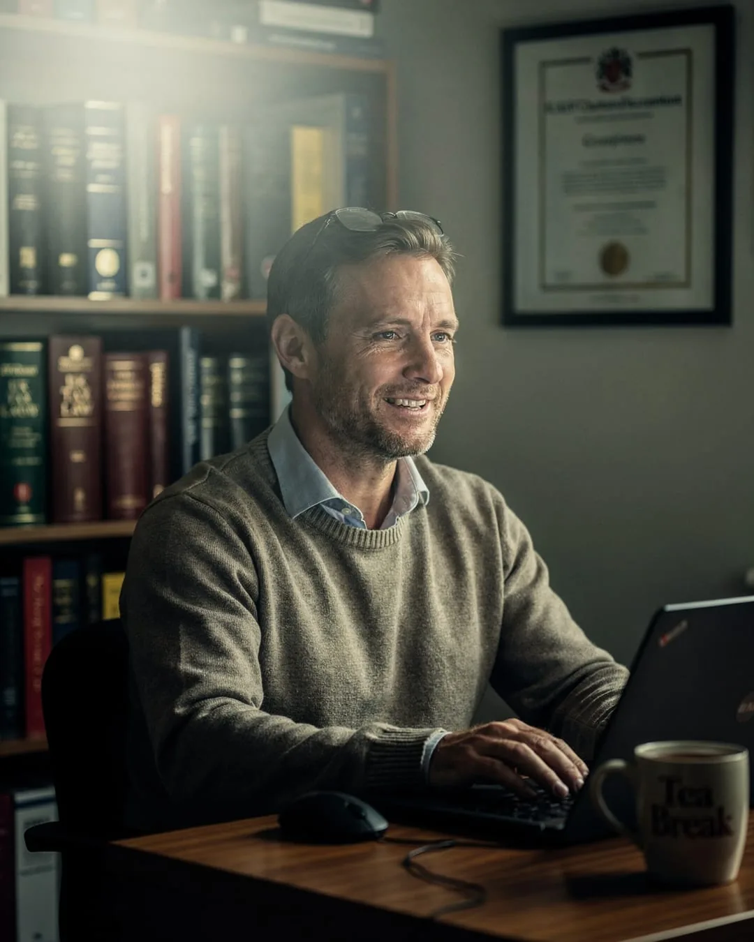 A UK chartered accountant at the desk of a small high-street office