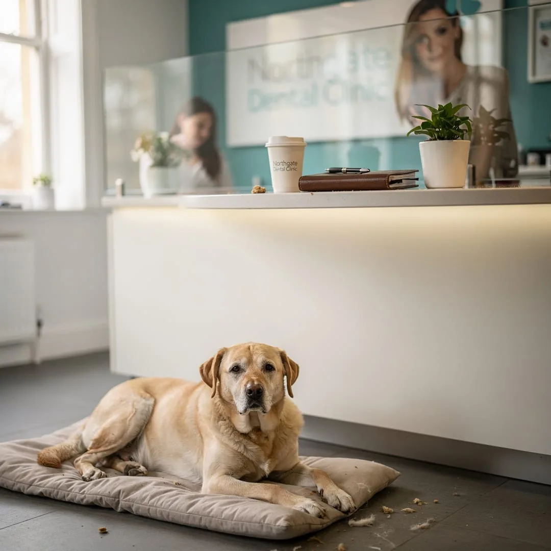Behind the scenes at the Northgate reception with the practice dog